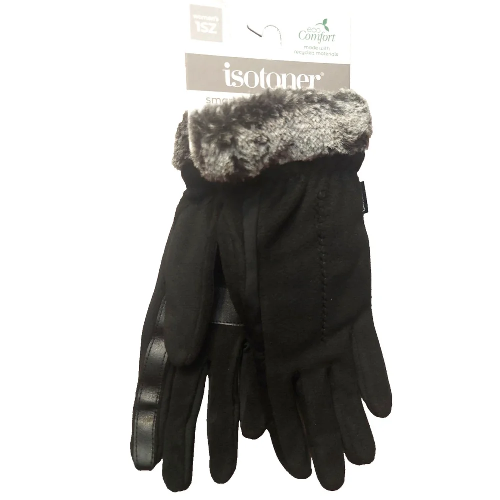 Isotoner Signature Black Fleece Gloves Faux-Fur Cuffs Sz One Size NWT